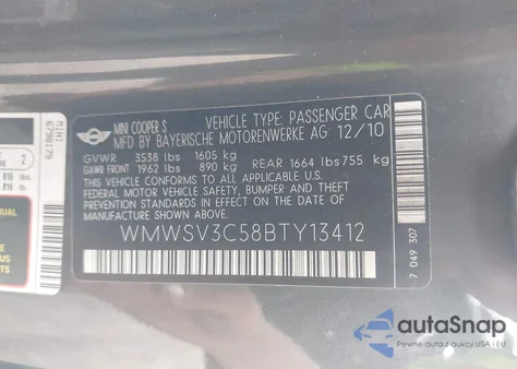 2011 Mini Cooper S z USA, uszkodzony, nr VIN WMWSV3C58BTY13412